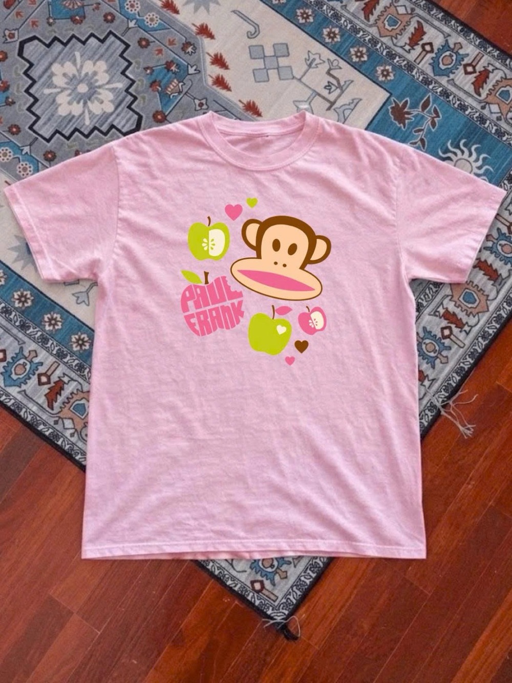 Paul Frank Pink Tee with Julius Monkey and Green Apple Graphics
